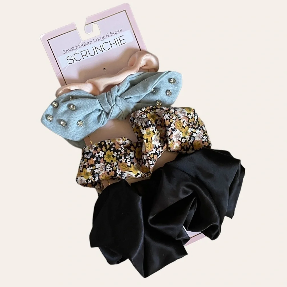 🌺 Boho Floral Satin Scrunchie Set Rhinestone Bow Oversized Hair Accessories NWT